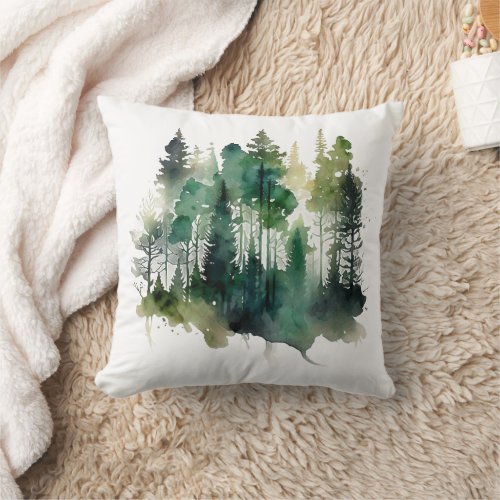 Watercolor Forest Trees Nature Green Browns Throw Pillow