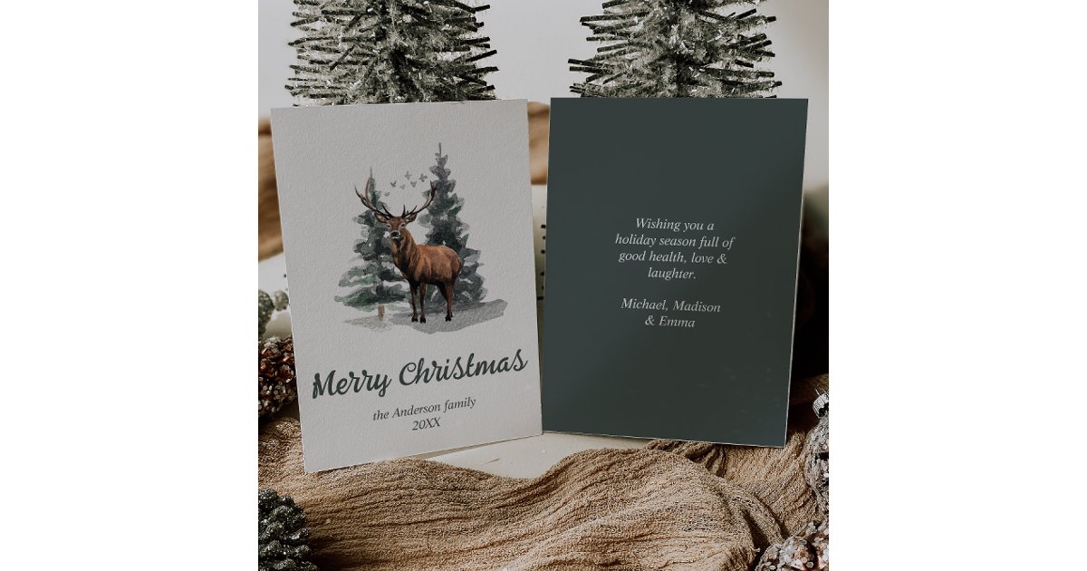 Watercolor Forest Trees Reindeer Merry Christmas Holiday Card | Zazzle
