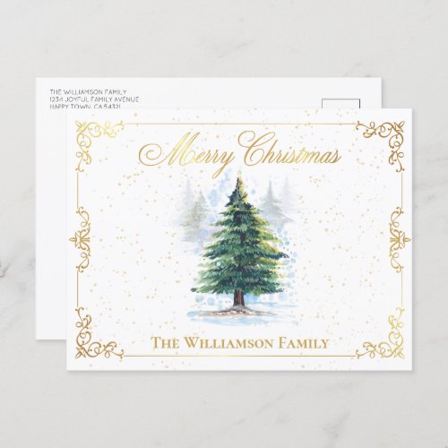Watercolor Forest Trees with Gold Elegant Frame Holiday Postcard