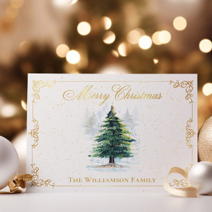 Watercolor Forest Trees with Gold Elegant Frame Holiday Postcard