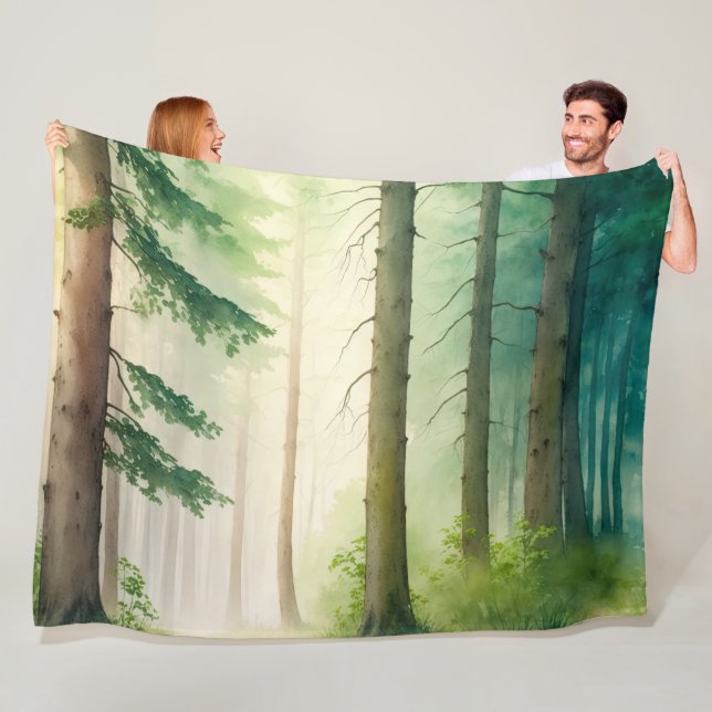 Watercolor Forest Trees Woods Woodland Fleece Blanket (In Situ)