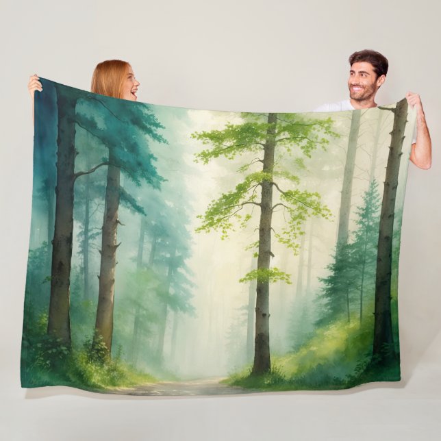 Watercolor Forest Trees Woods Woodland Fleece Blanket (In Situ)