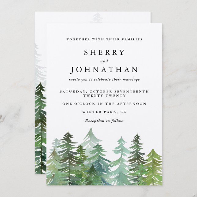 Watercolor forest wedding invitation (Front/Back)