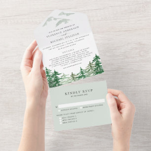 Watercolor Forest Wedding with Trees and Scenery All In One Invitation