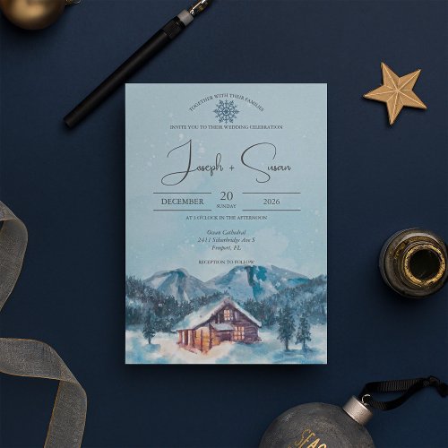 Watercolor Forest Winter Snowy Mountain Wedding Invitation