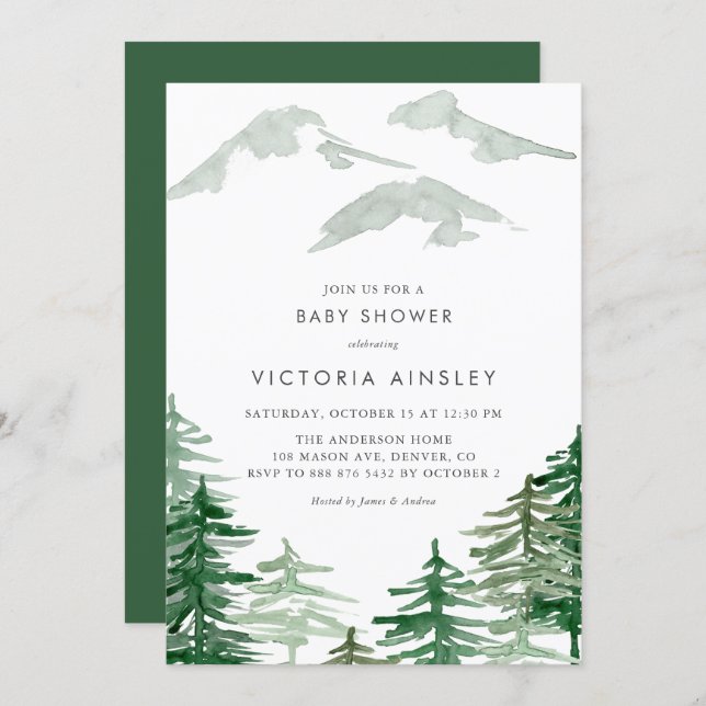 Watercolor Forest Winter Woodland Baby Shower Invitation (Front/Back)