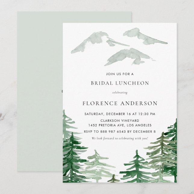 Watercolor Forest Winter Woodland Bridal Luncheon Invitation (Front/Back)