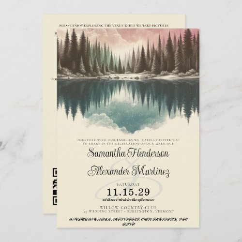 Watercolor Forest with Details  QR Wedding Invitation