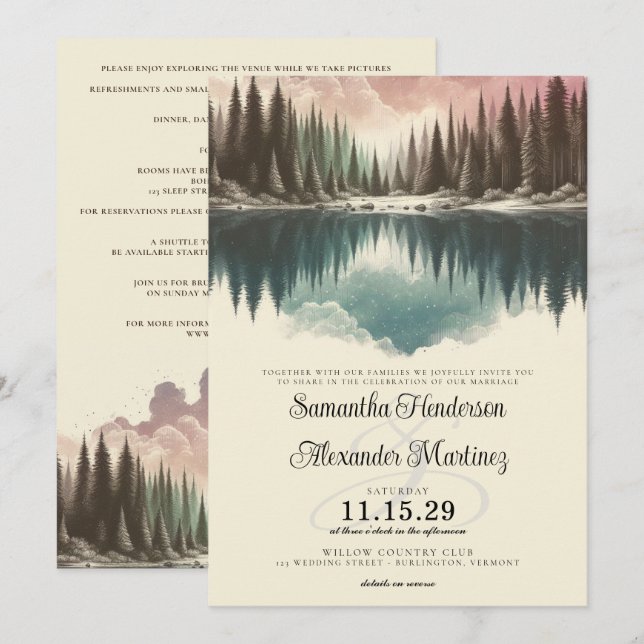 Watercolor Forest with Details Wedding Invitation (Front/Back)