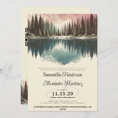 Watercolor Forest with QR Code Wedding Invitation