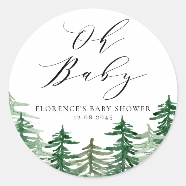 Watercolor Forest Woodland Baby Shower Classic Round Sticker (Front)