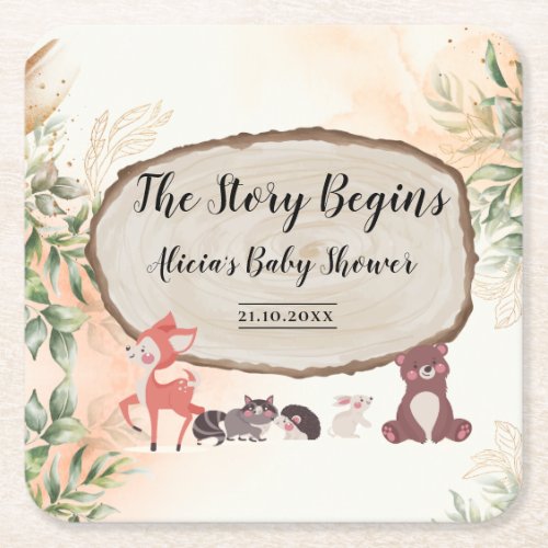 Watercolor ForestWoodland Baby Shower Square Paper Coaster