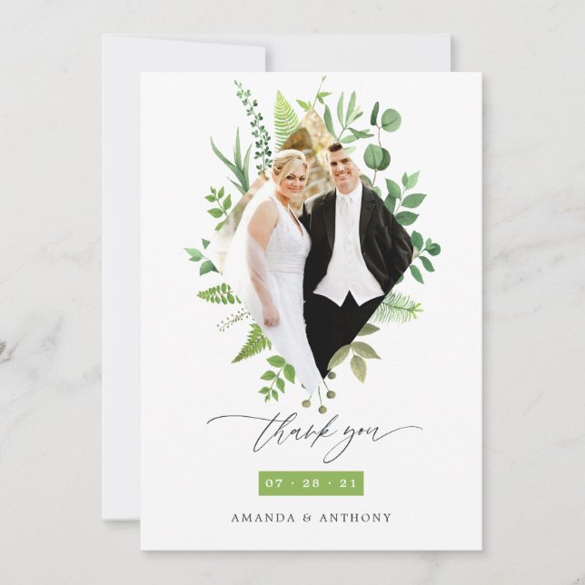 Watercolor Forest Woodland Greenery Wedding Thank You Card (Front)