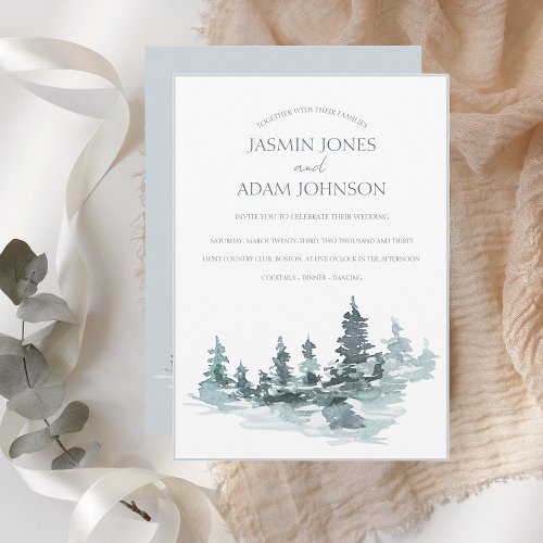 Watercolor Forest Woodland Pine Trees Wedding Invitation