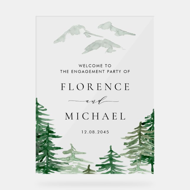 Watercolor Forest Woodland Winter Engagement Party Acrylic Sign (Front)