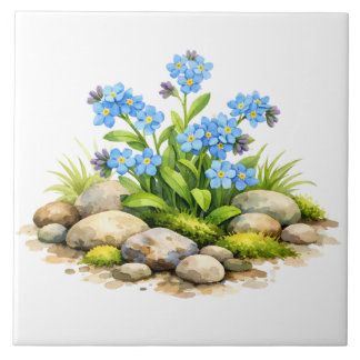 Watercolor Forget Me Not Flowers by the Rocks Ceramic Tile