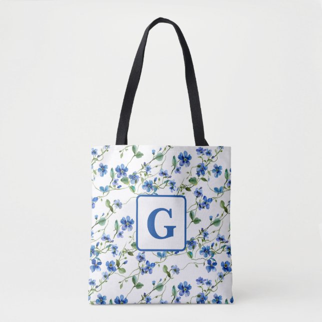  watercolor forget me not flowers Monogram Tote Bag (Front)