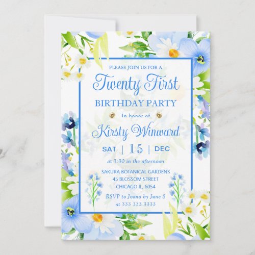 Watercolor Forget_Me_Nots  Daisies 21st Birthday Invitation