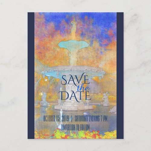 Watercolor Forsyth Fountain at Night Save The Date Announcement Postcard