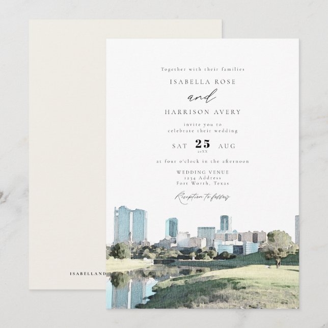 Watercolor Fort Worth Texas City Skyline Wedding Invitation (Front/Back)