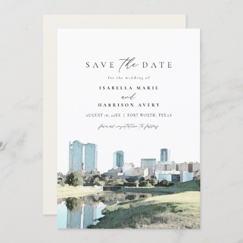 Watercolor Fort Worth Texas Skyline Save the Date Invitation
