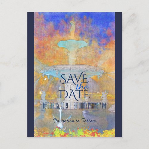 Watercolor Fountain at Night Photo Save The Date Announcement Postcard
