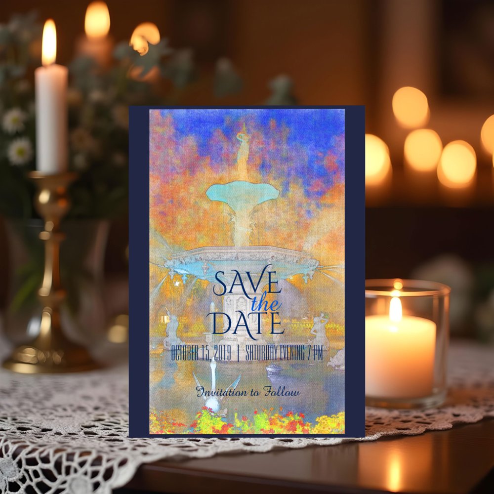 Watercolor Fountain at Night Photo Save The Date Announcement Postcard
