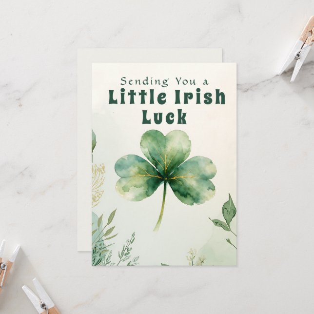 Watercolor Four Leaf Clover Greeting Card (Front/Back In Situ)