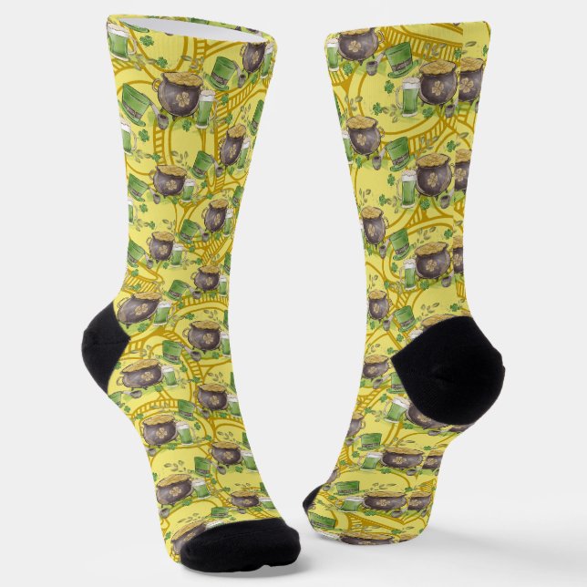 Watercolor Four Leaf Clover Shamrock Gold Pattern Socks (Angled)