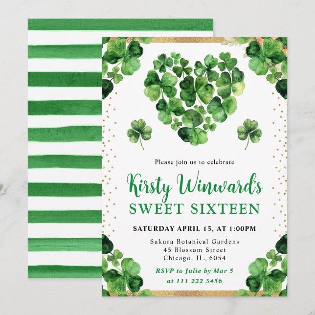 Watercolor Four Leaf Clovers St Patrick's Sweet 16 Invitation (Front/Back)