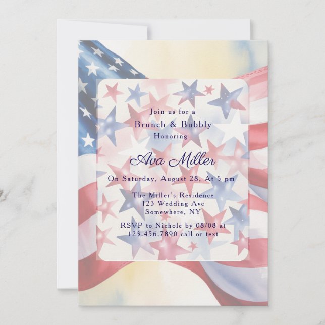 Watercolor Fourth Of July Brunch & Bubbly Invitation (Front)