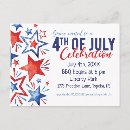 Watercolor Fourth of July Party Invitation Postcard