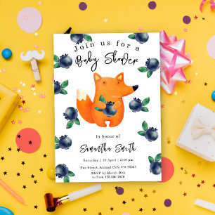 Watercolor Fox and Blueberries Baby Shower Invitation