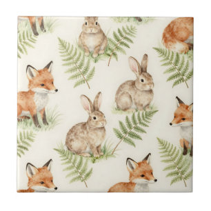 Watercolor Fox and Bunny Forest Pattern Ceramic Tile