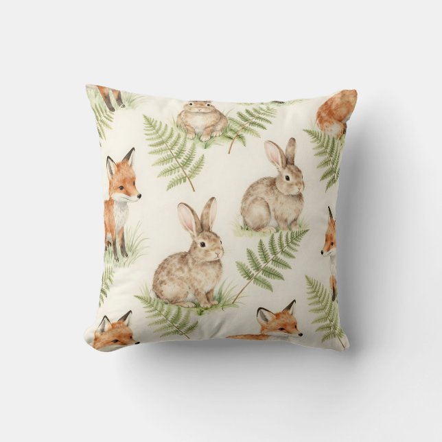 Watercolor Fox and Bunny Forest Pattern Throw Pillow (Front)