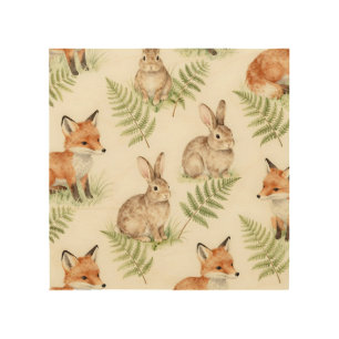 Watercolor Fox and Bunny Forest Pattern Wood Wall Art