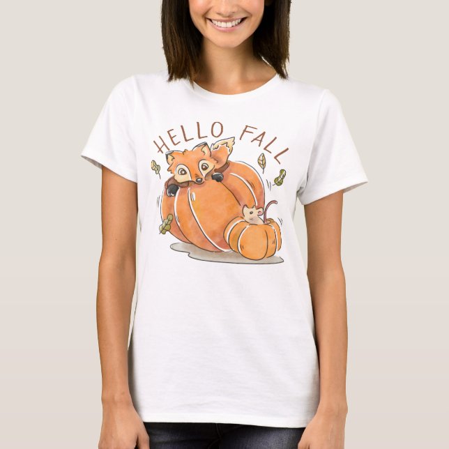 Watercolor Fox and Pumpkins T-Shirt (Front)