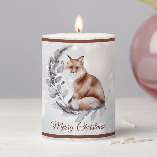 Watercolor fox and snow  holiday pillar candle