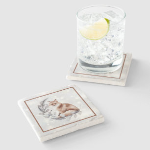 Watercolor fox and snow  holiday   stone coaster