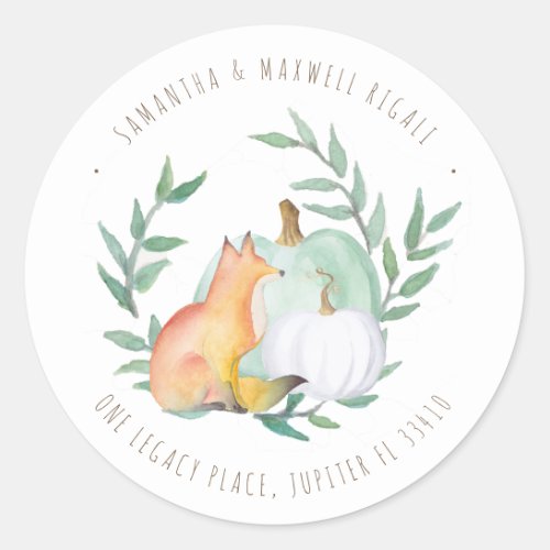 Watercolor Fox and White Pumpkin Return Address Classic Round Sticker