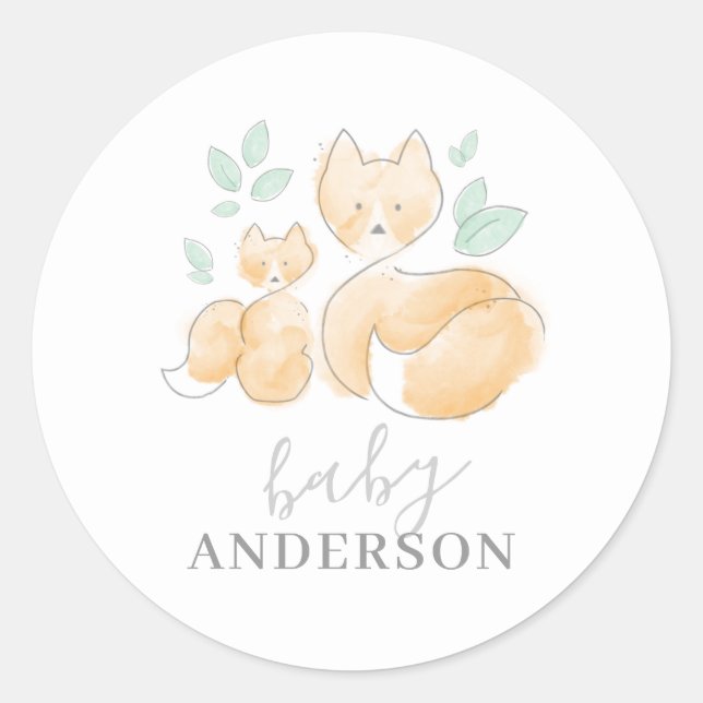 Watercolor Fox Baby Announcement Sticker (Front)