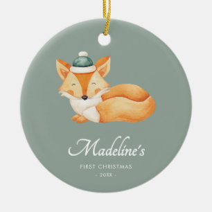 Watercolor Fox Baby First Christmas Green Ceramic Ornament
