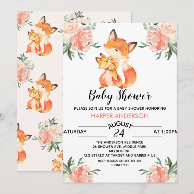 Watercolor Fox Baby Shower Invitation (Front/Back)