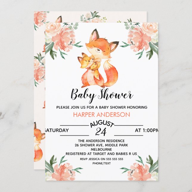 Watercolor Fox Baby Shower Invitation (Front/Back)