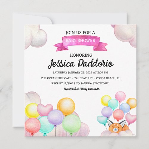 Watercolor Fox Balloons Clouds Sky Baby Shower Invitation