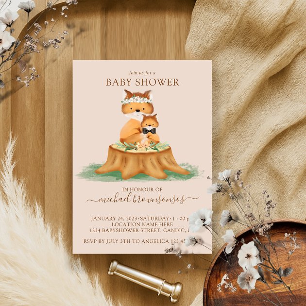 Watercolor Fox Beige Baby Boy Shower Invitation