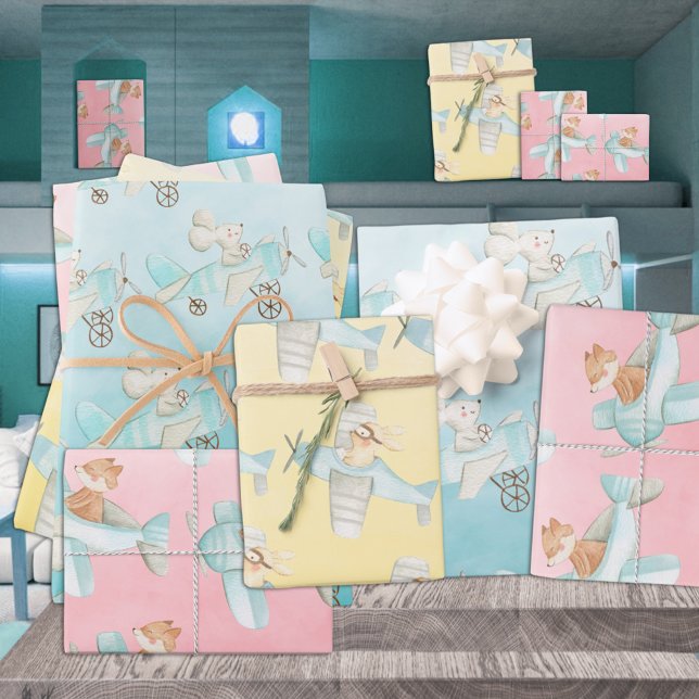Watercolor Fox Bunny & Mouse Flying Airplanes Wrapping Paper Sheets (Creator Uploaded)