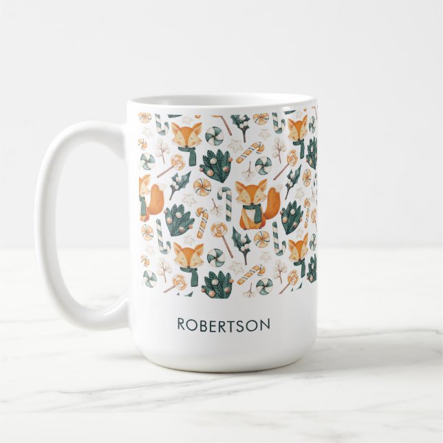 Watercolor Fox Christmas Playful Pattern Monogram Coffee Mug (Left)