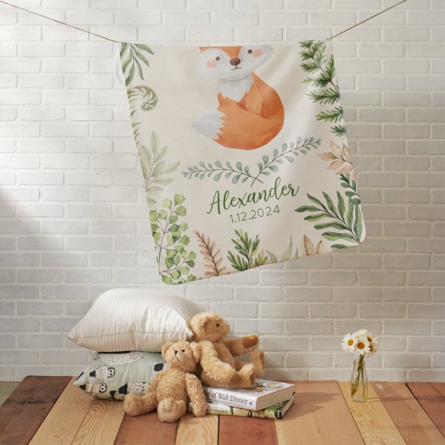 Watercolor Fox Custom Name Baby Blanket (In Situ)