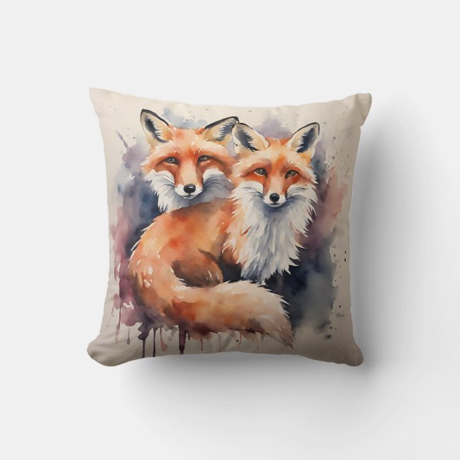 Watercolor Fox Duo Throw Pillow (Front)